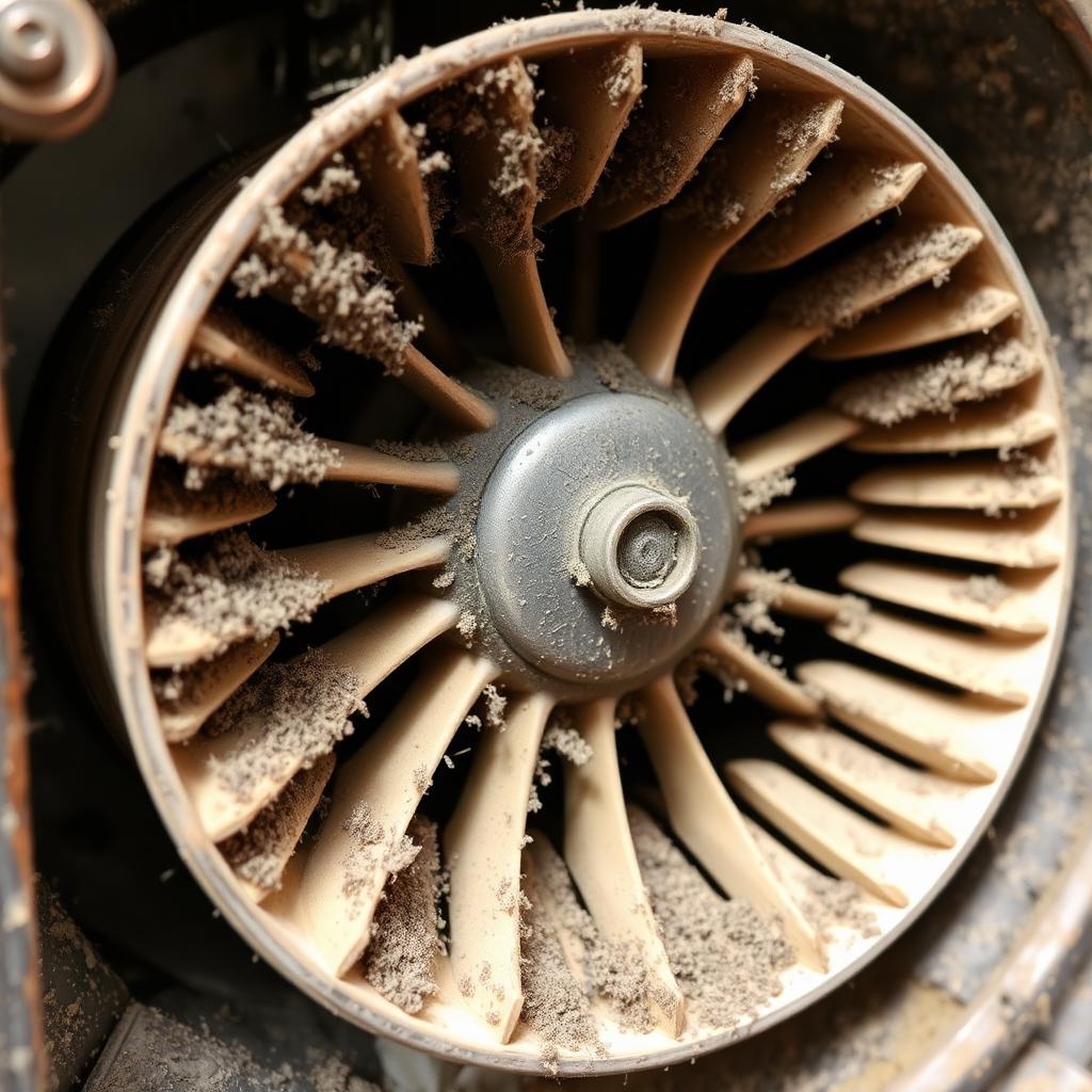 Furnace blower fan wheel — caked dust cleaned off blades — before cleaning